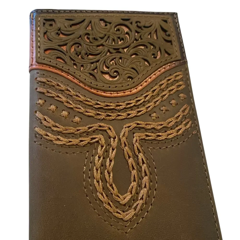 NWT Men’s Justin Russet Inlay Rodeo Genuine Leather Brown Western RFID Wallet